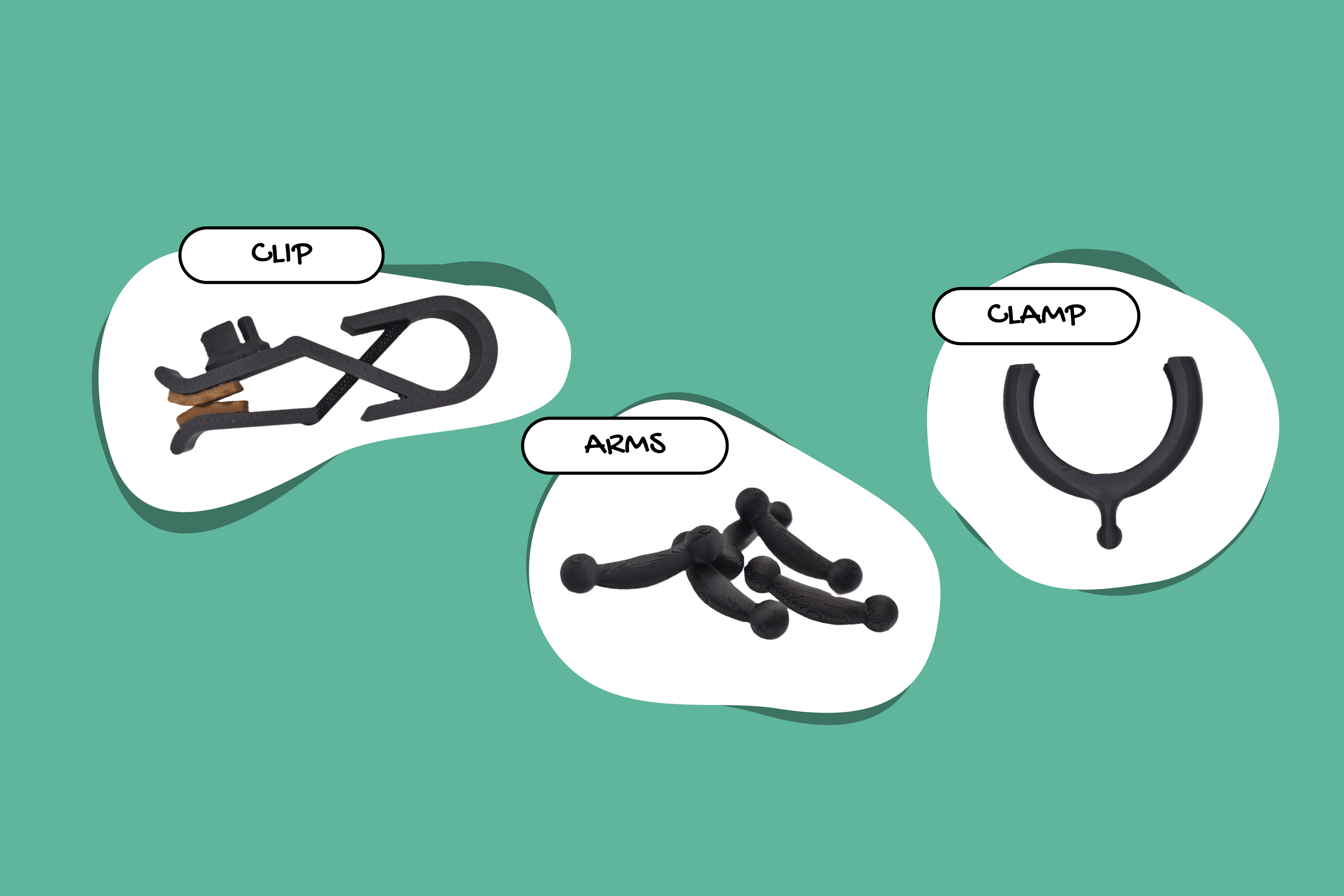 A graphic showing three different replacement parts for Snark tuners. A clip, a clamp, and a collection of swivel arms.